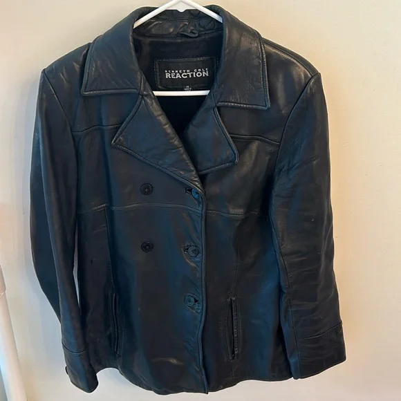 Kenneth Cole Reaction Black Leather Peacoat Jacket Womens Size medium - Picture 1 of 4